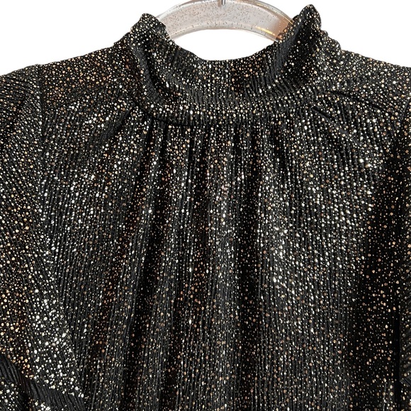 Sabina Musayev Black Ruffle Shoulder High Neck Diamond Shimmer Gold Top Size XS - Picture 3 of 6